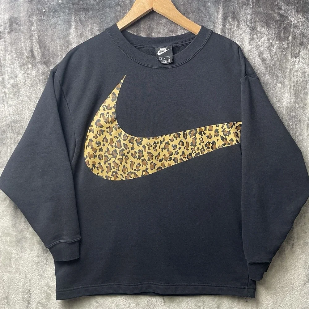 Nike Black W/Large Leopard Center Swoosh 3/4 Sleeve Women's Small Sweatshirt